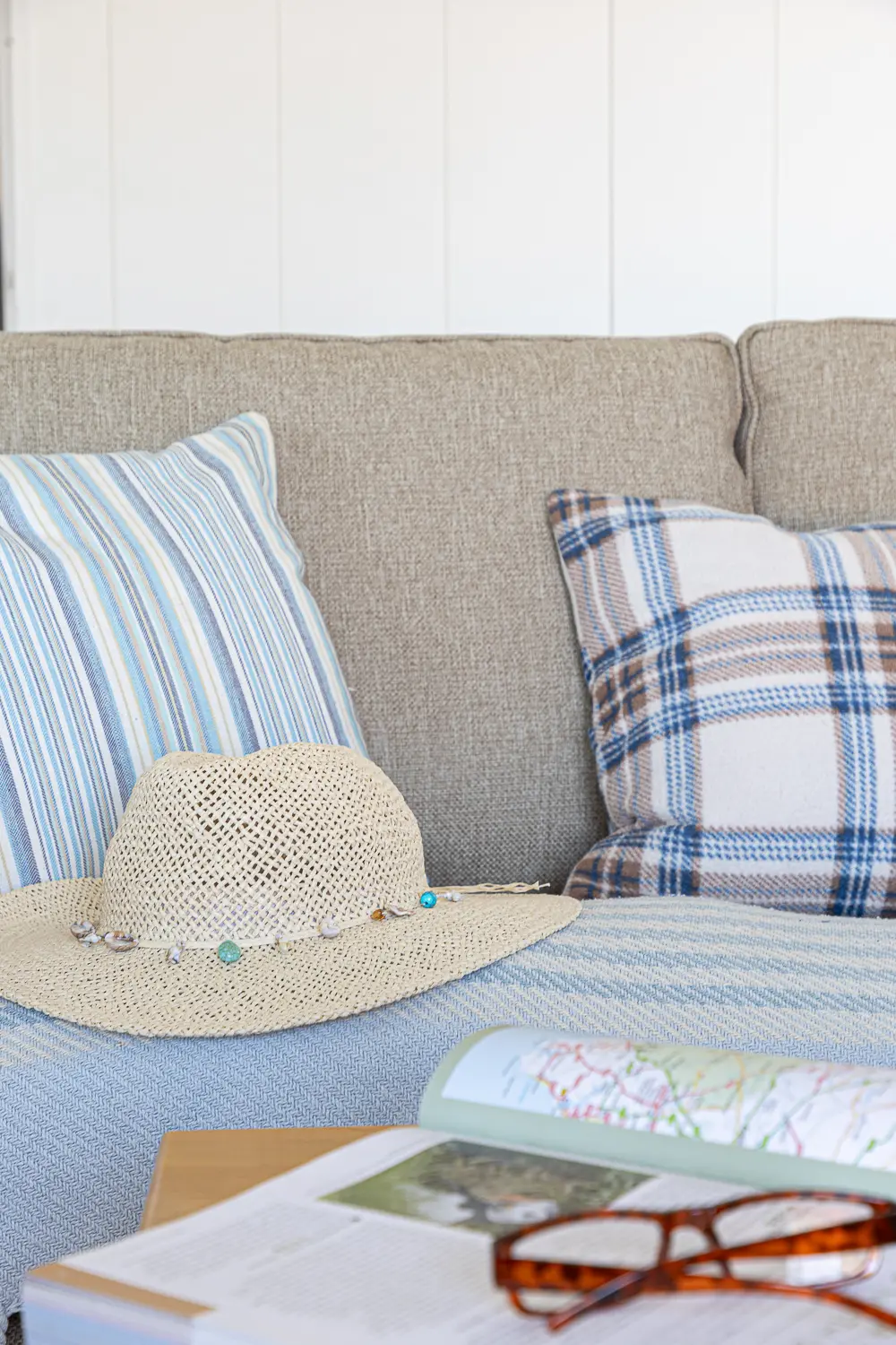 Sun hat on sofa in living room