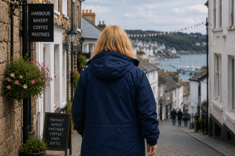 Local Host walking through a Cornish village