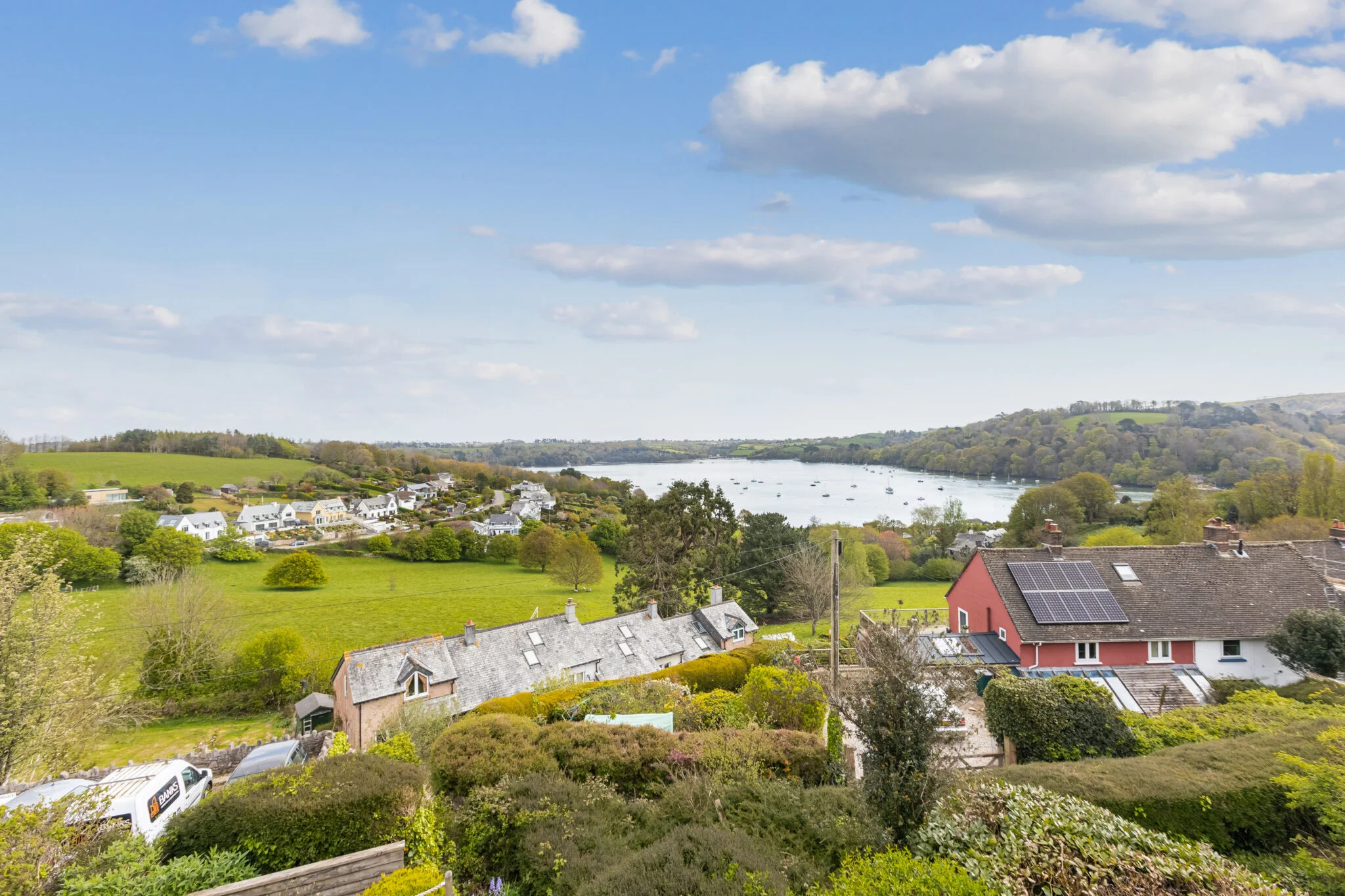 Scenic countryside view over Dittisham and the River Dart in South Devon