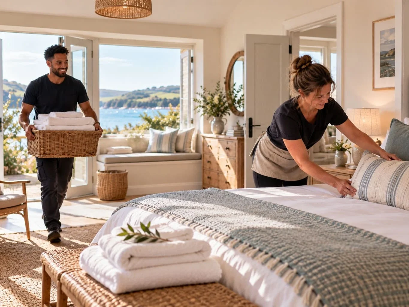 A local changeover team making up a bedroom in a holiday home between stays.