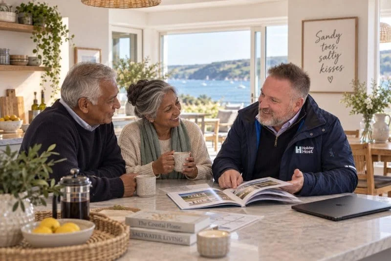 A HolidayHost Host going through a co-hosting plan with two holiday home Owners at their kitchen island.