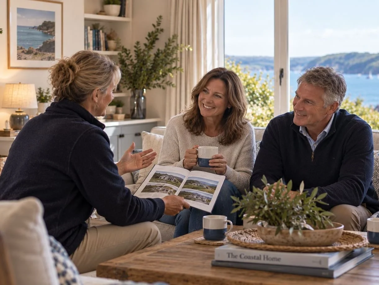 Two holiday home Owners talking through their options with their local HolidayHost Host beside the wood burner.