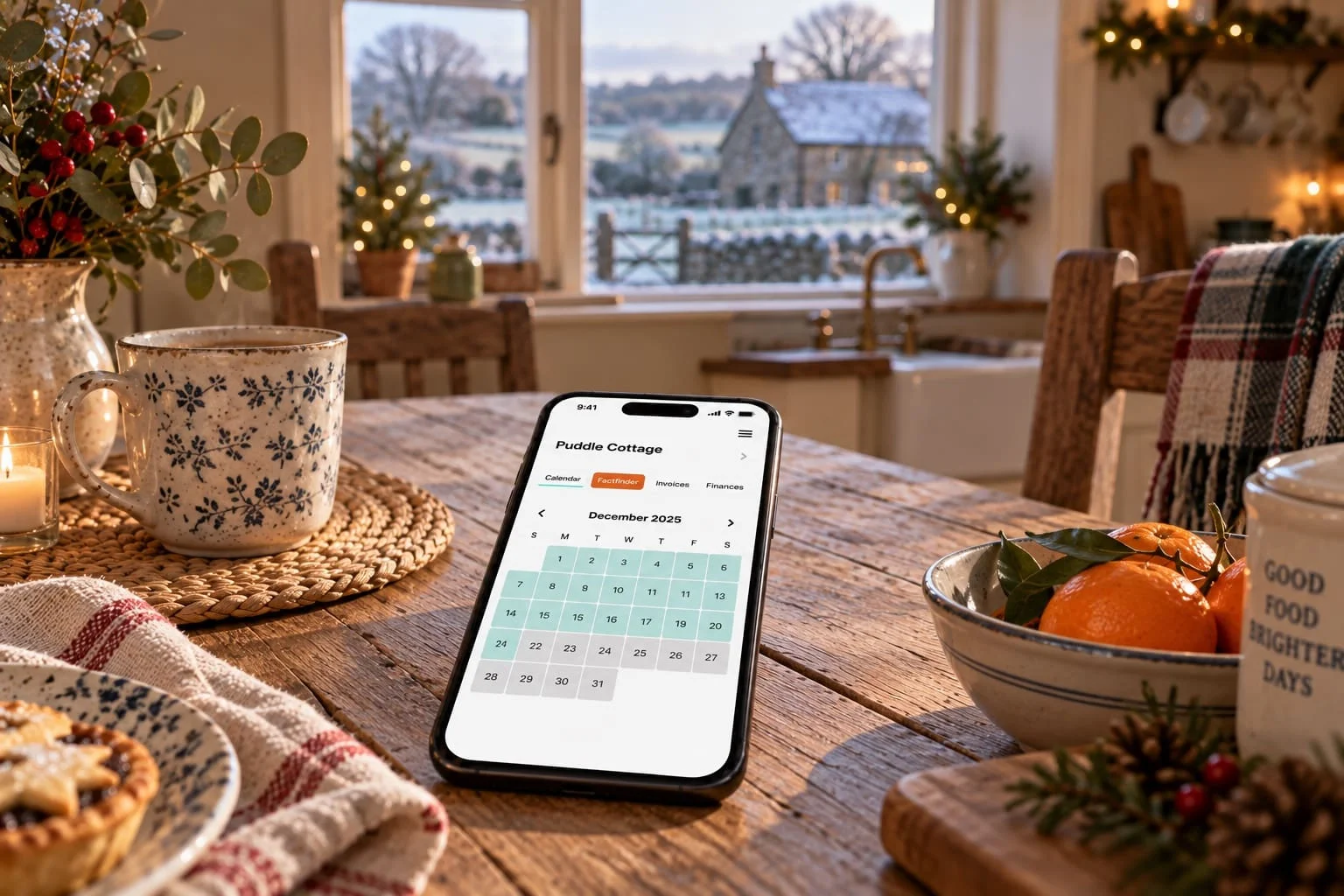 The HolidayHost Owner App showing a booking calendar on a phone at a kitchen table in winter.