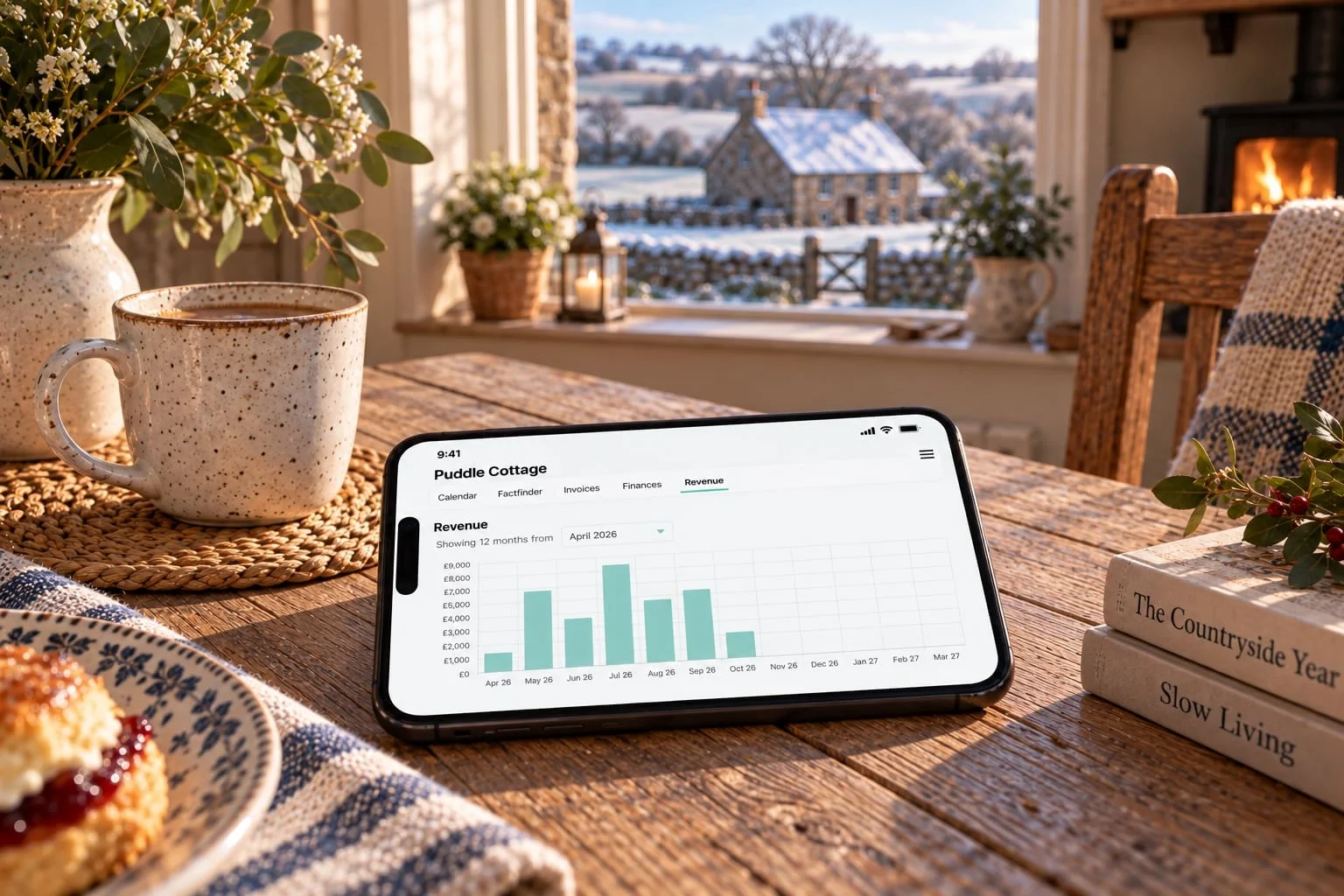 The HolidayHost Owner App showing monthly revenue for a holiday let on a phone.