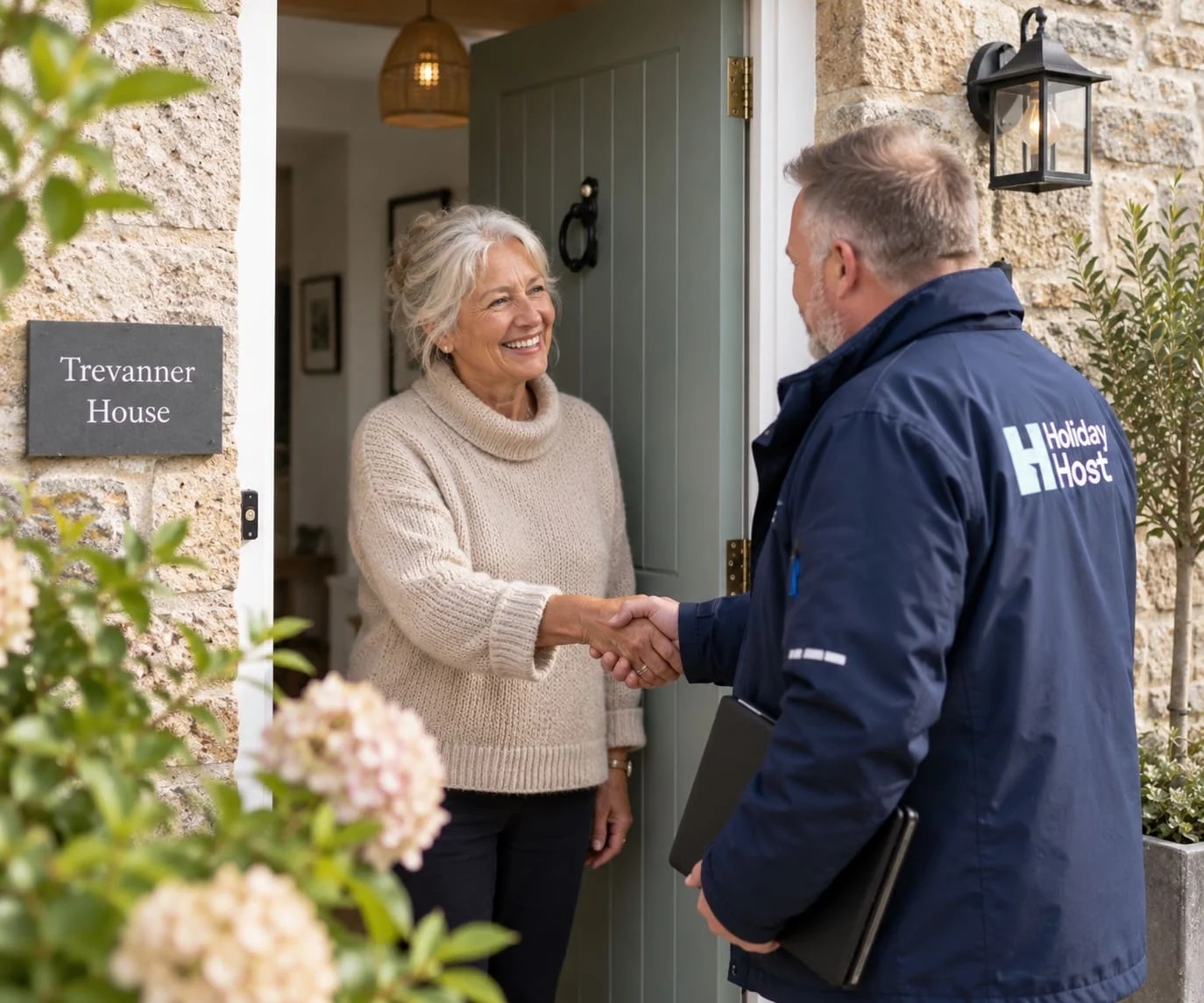 A local HolidayHost Host greeting a holiday home Owner at the front door of her property.