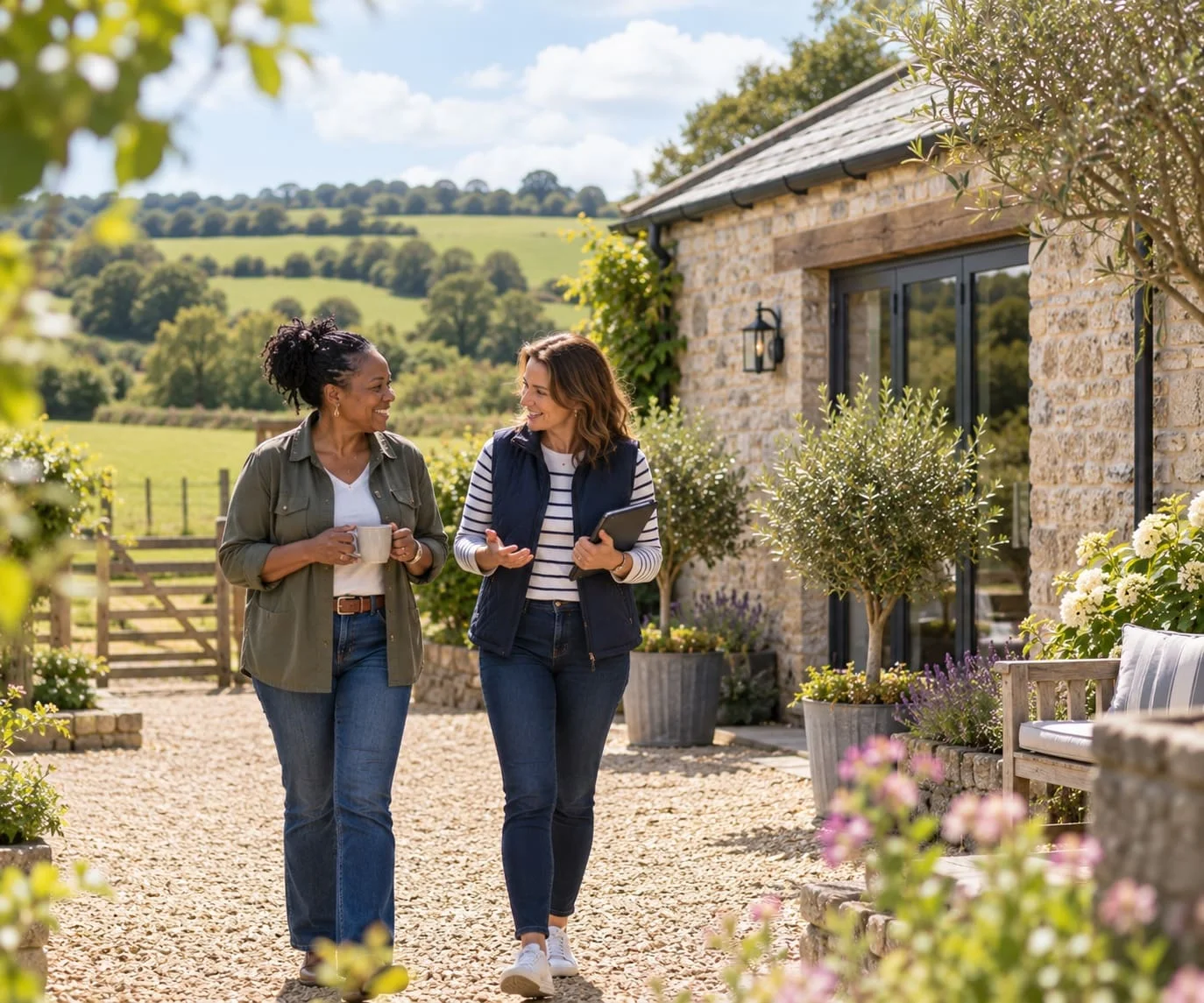 A HolidayHost Host and a holiday home Owner walking and talking outside a South West country cottage.