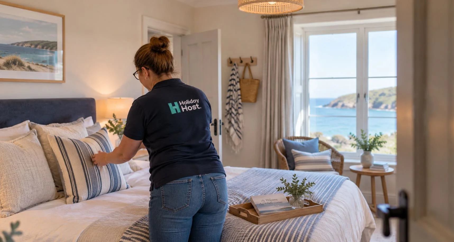 A HolidayHost Host making up a bedroom between guest stays.