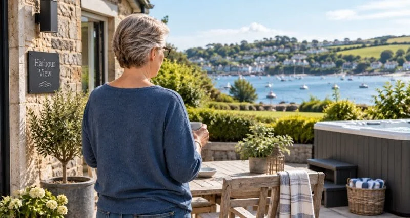 A HolidayHost Host outside a South West holiday home looking out over the harbour.