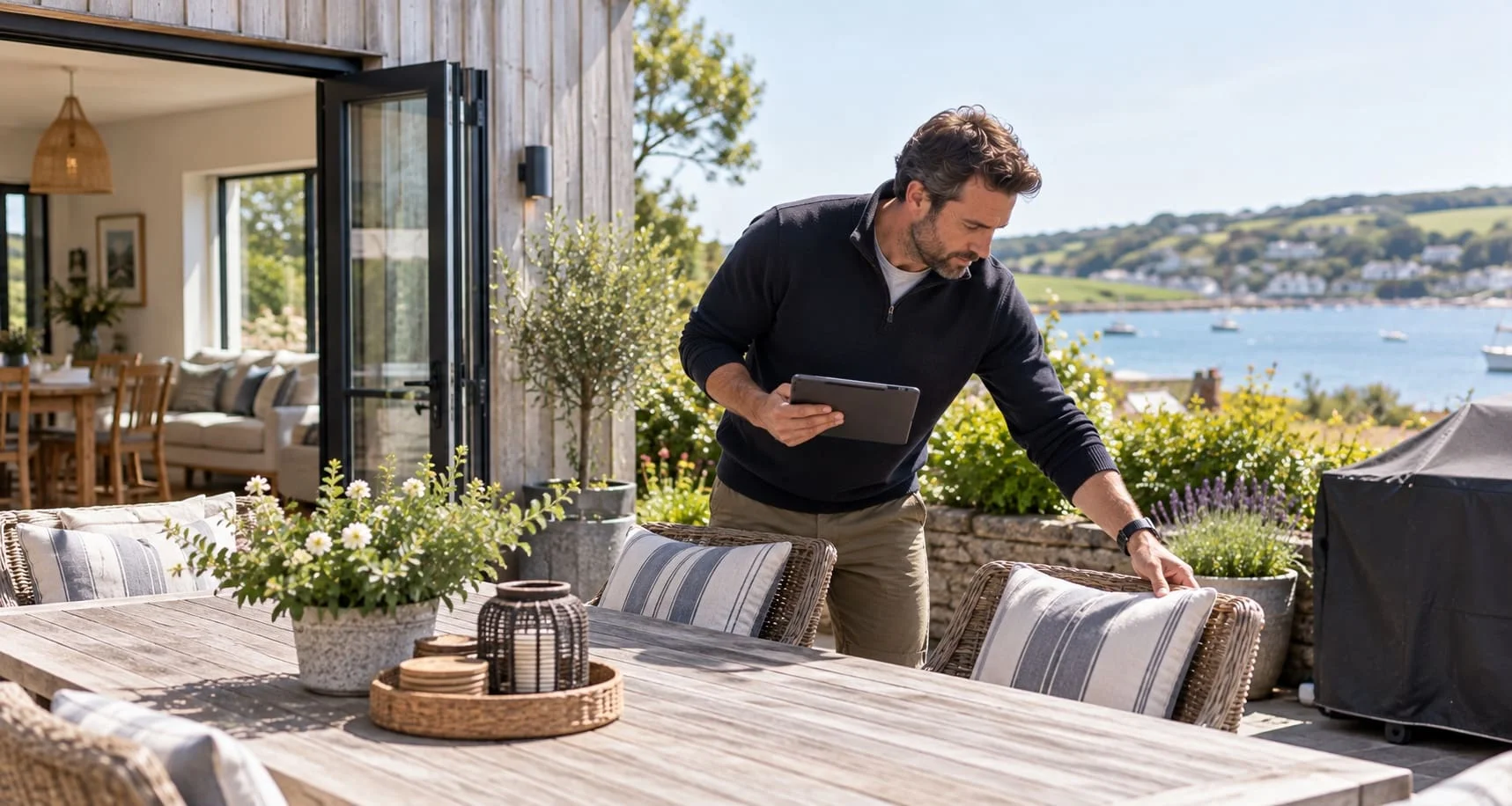 A local HolidayHost Host getting a terrace ready before guests arrive.