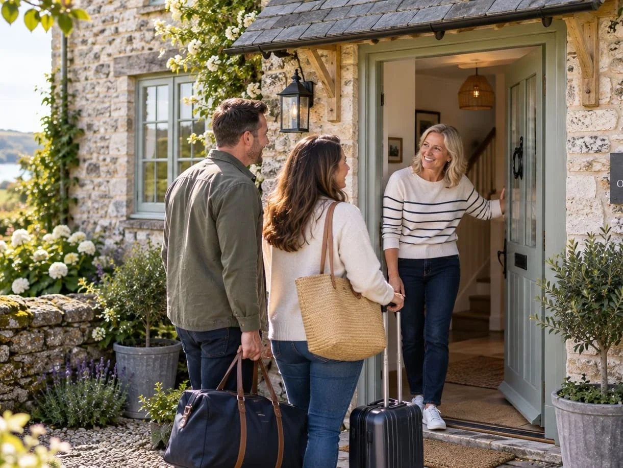 A HolidayHost Host welcoming arriving guests at the door of a holiday cottage.