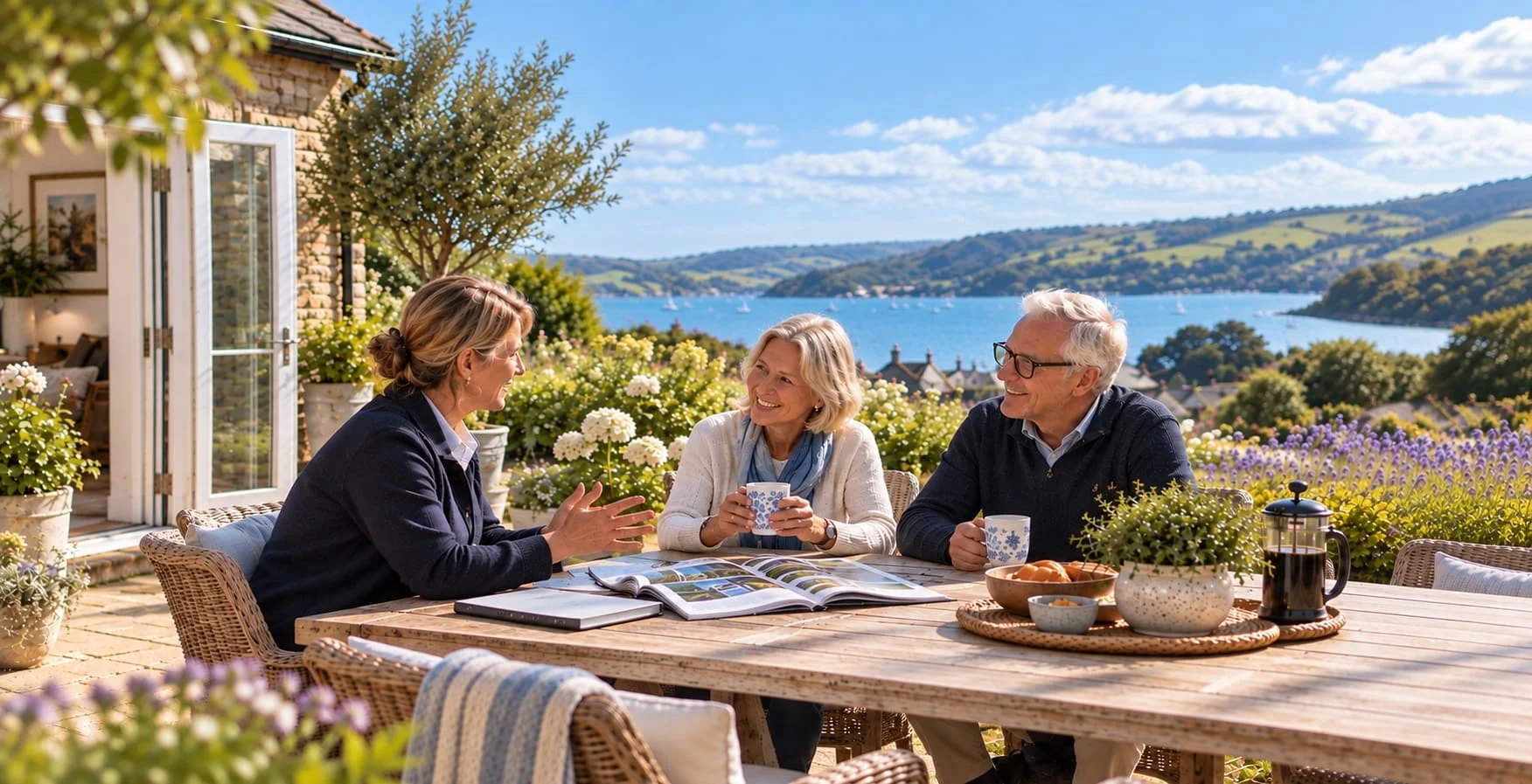 A HolidayHost Host talking with two Owners over coffee on the terrace of their holiday home.