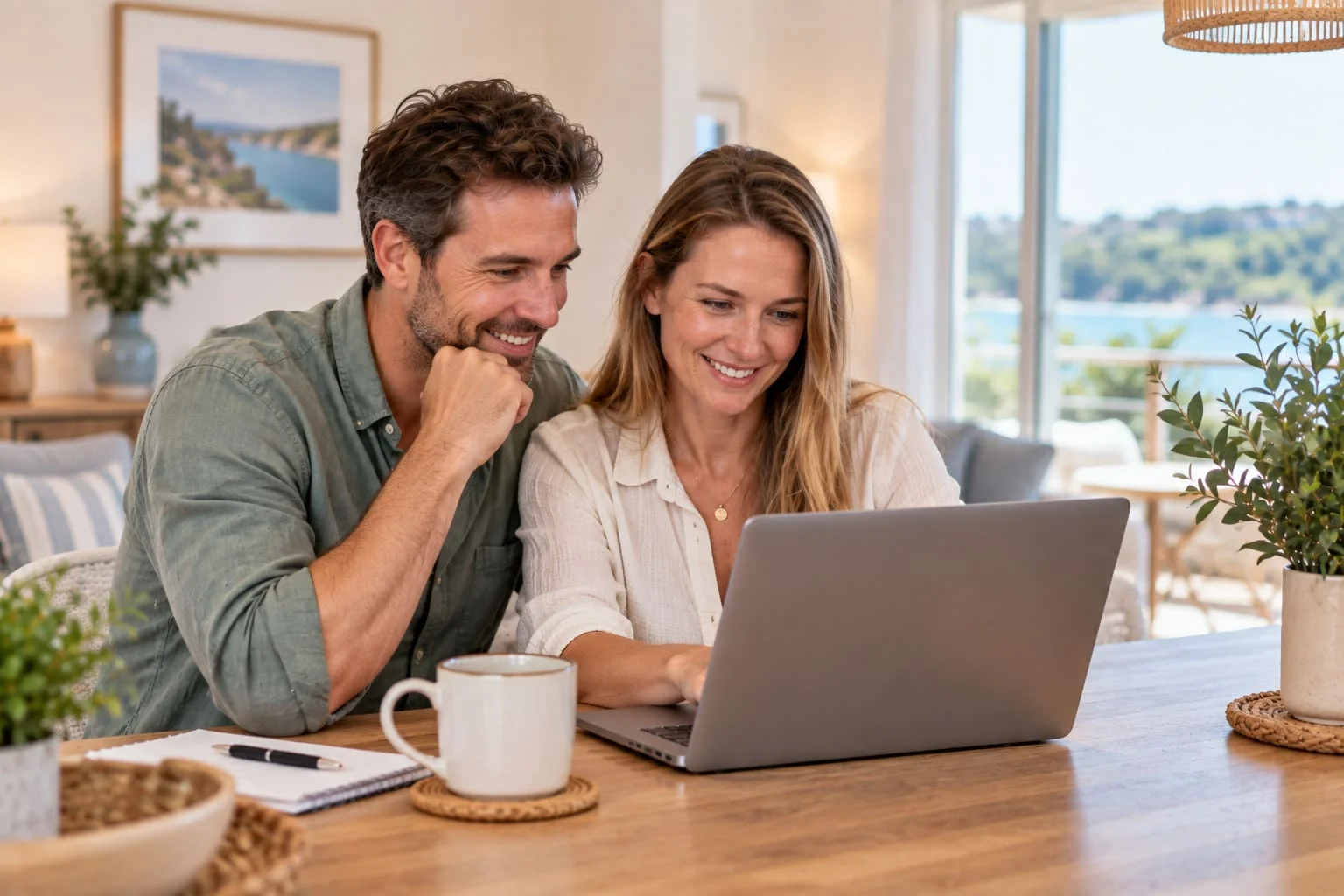 A couple at a dining table looking at a laptop together in a coastal holiday home.