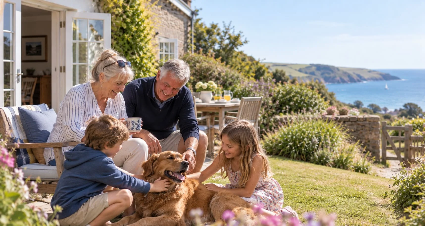 Grandparents and grandchildren with the family dog in the garden of their holiday home.