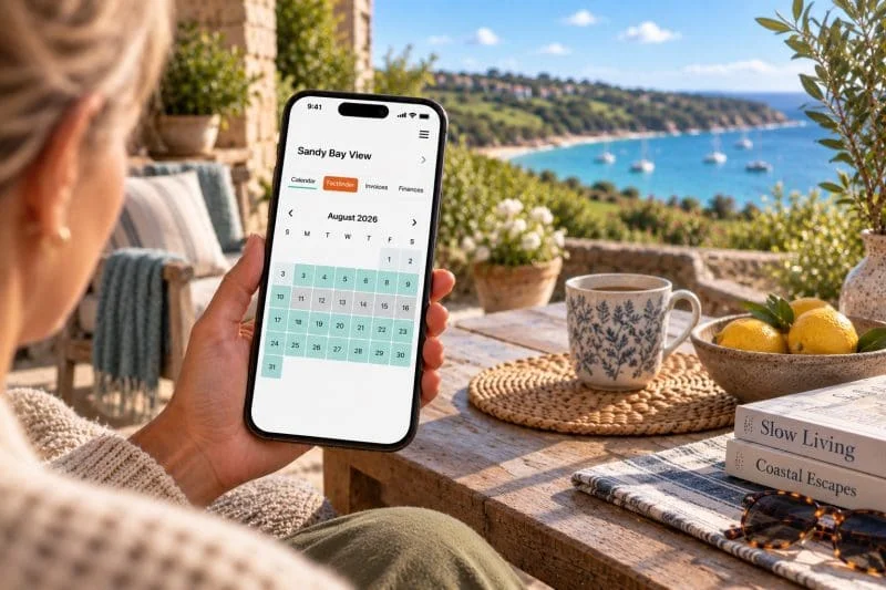 A holiday home Owner looking at her booking calendar in the HolidayHost Owner App above the bay.