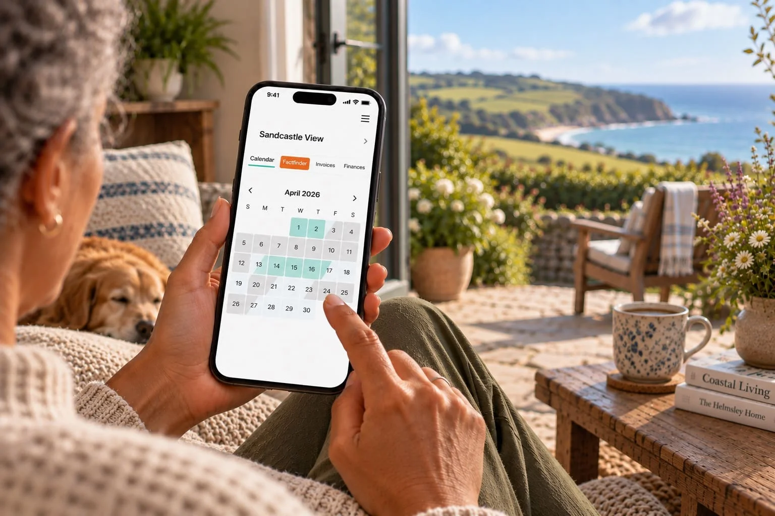 A holiday home Owner checking her booking calendar in the HolidayHost Owner App.
