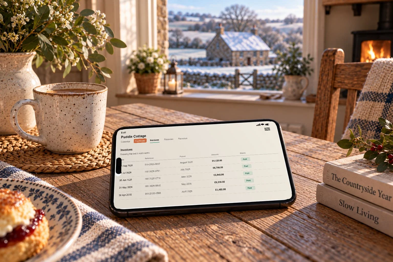 A phone on a kitchen table showing the HolidayHost Owner App invoices screen, with a snowy cottage view and a woodburner behind.