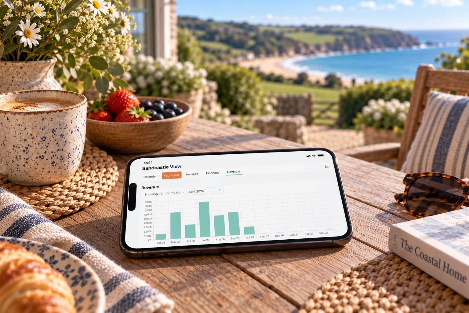 The HolidayHost Owner App showing a holiday let's revenue breakdown on a phone on a garden table.