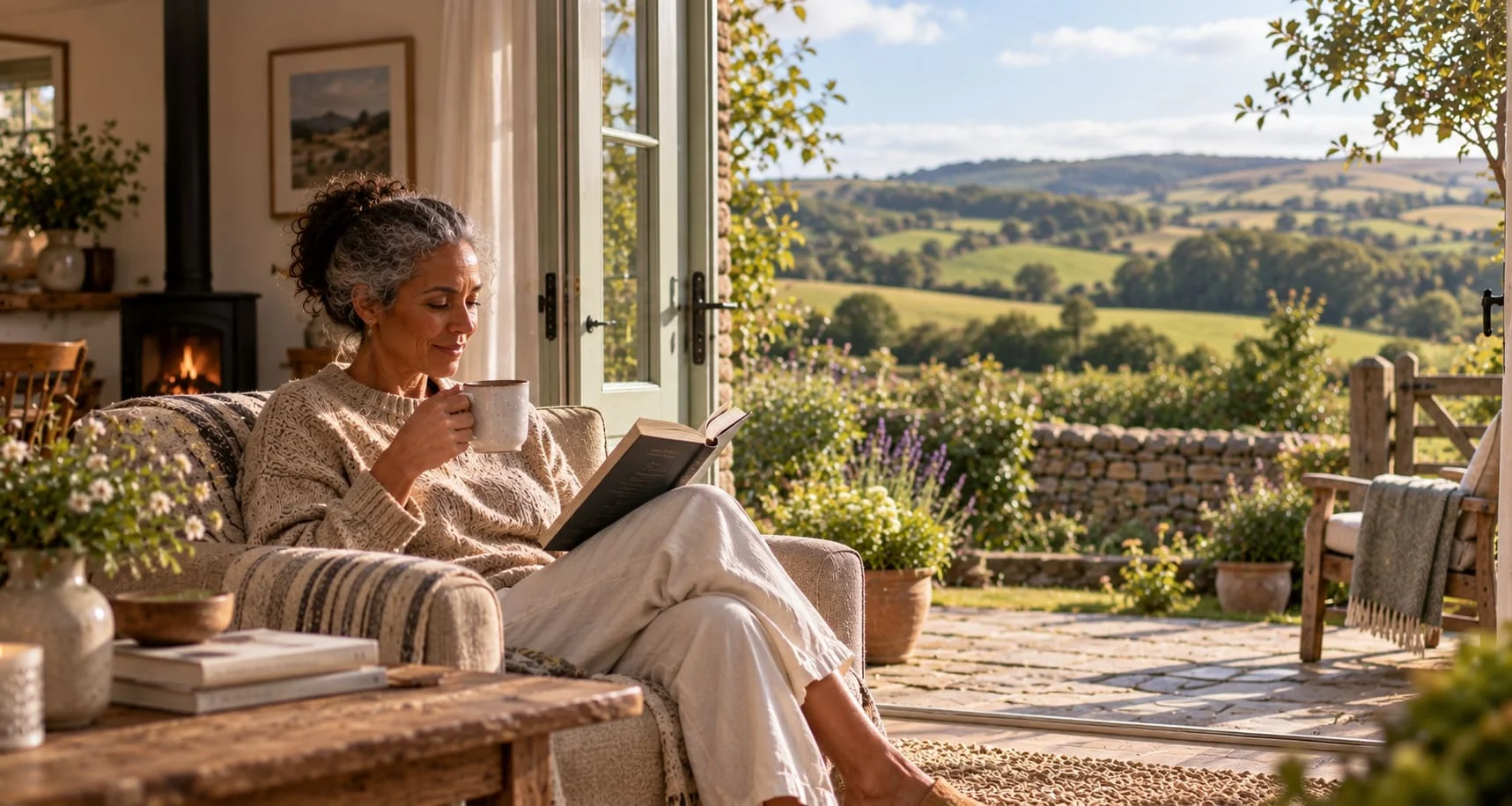 A holiday home Owner reading with a coffee in the doorway of her own property.