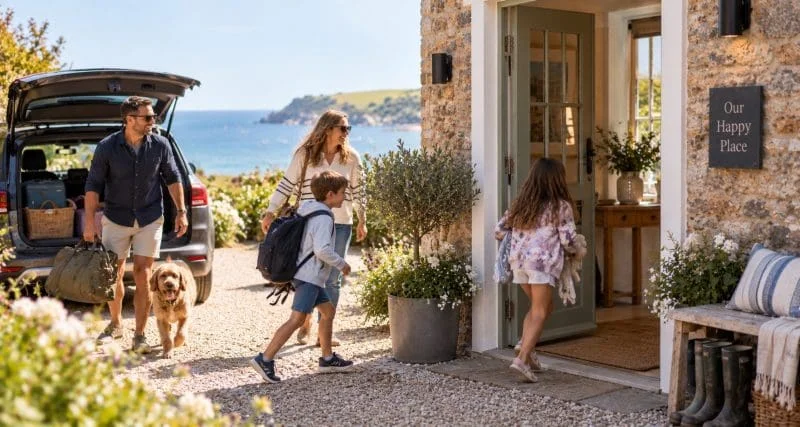 A family unloading the car as they arrive at their own holiday home.