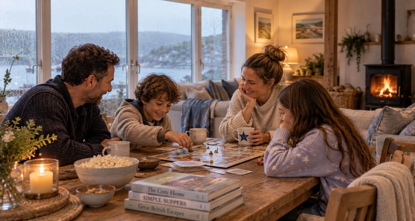 A family playing a board game by the fire in their holiday home in winter.