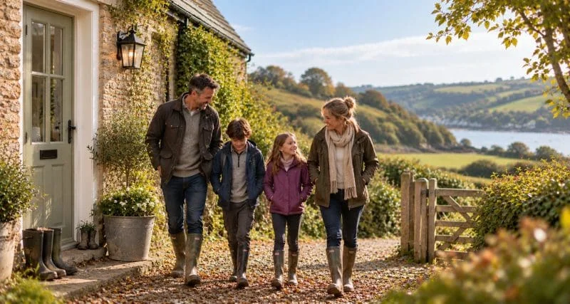 A family setting off for a walk from their holiday home in the South West countryside.