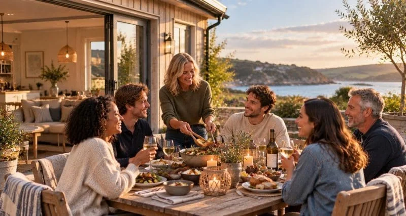 A group sharing dinner on the terrace of a holiday home overlooking the sea.
