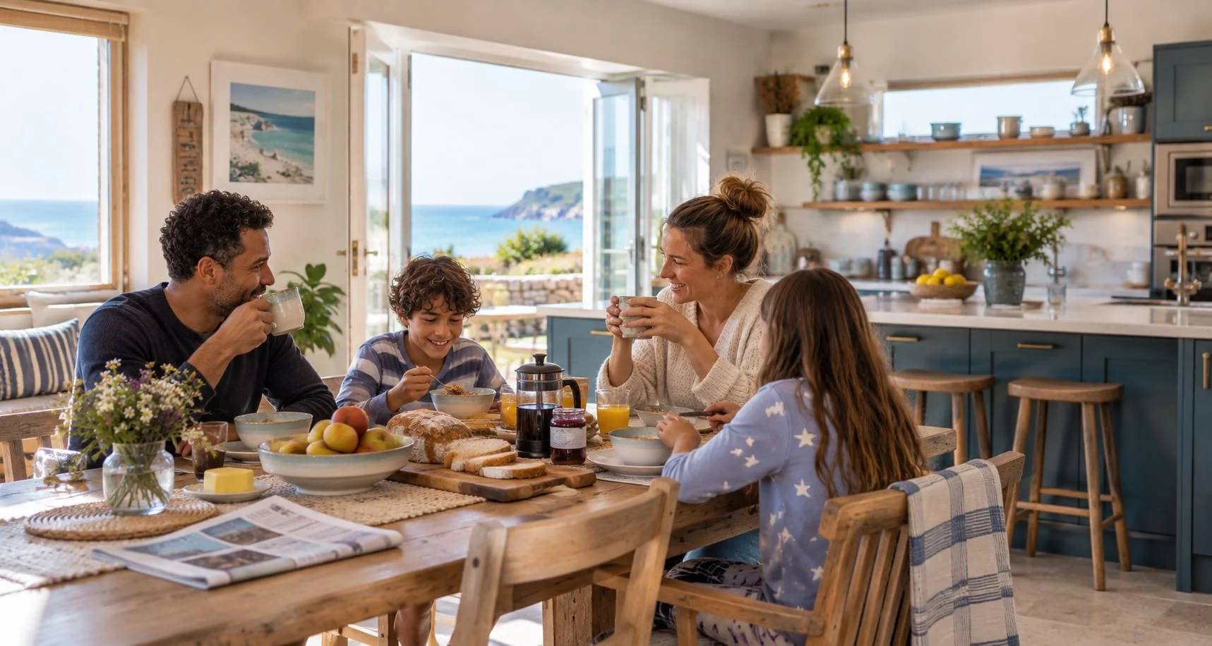 A family having breakfast in the kitchen of their holiday home by the coast.