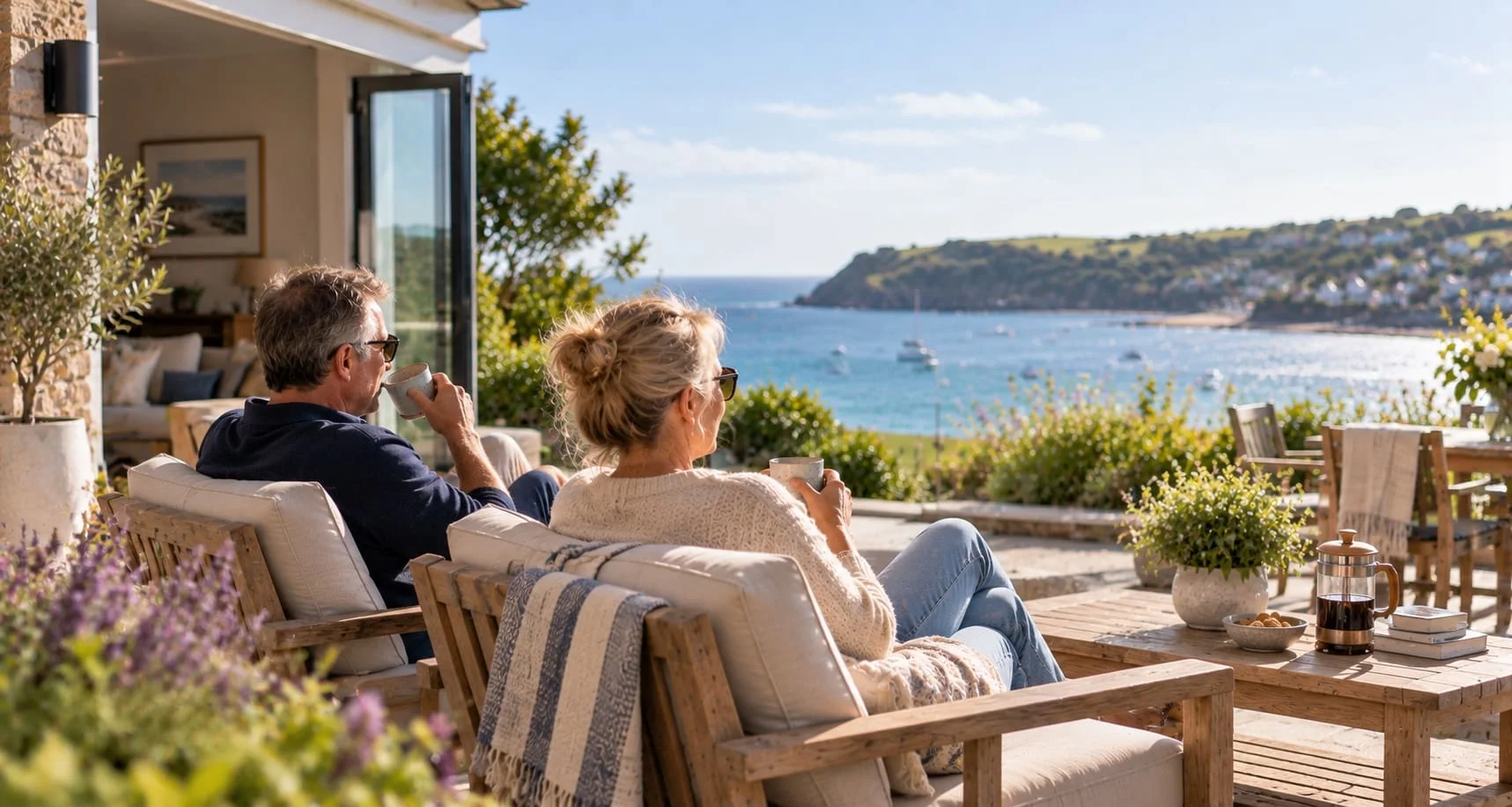 A couple relaxing on the terrace of their own holiday home above the bay.