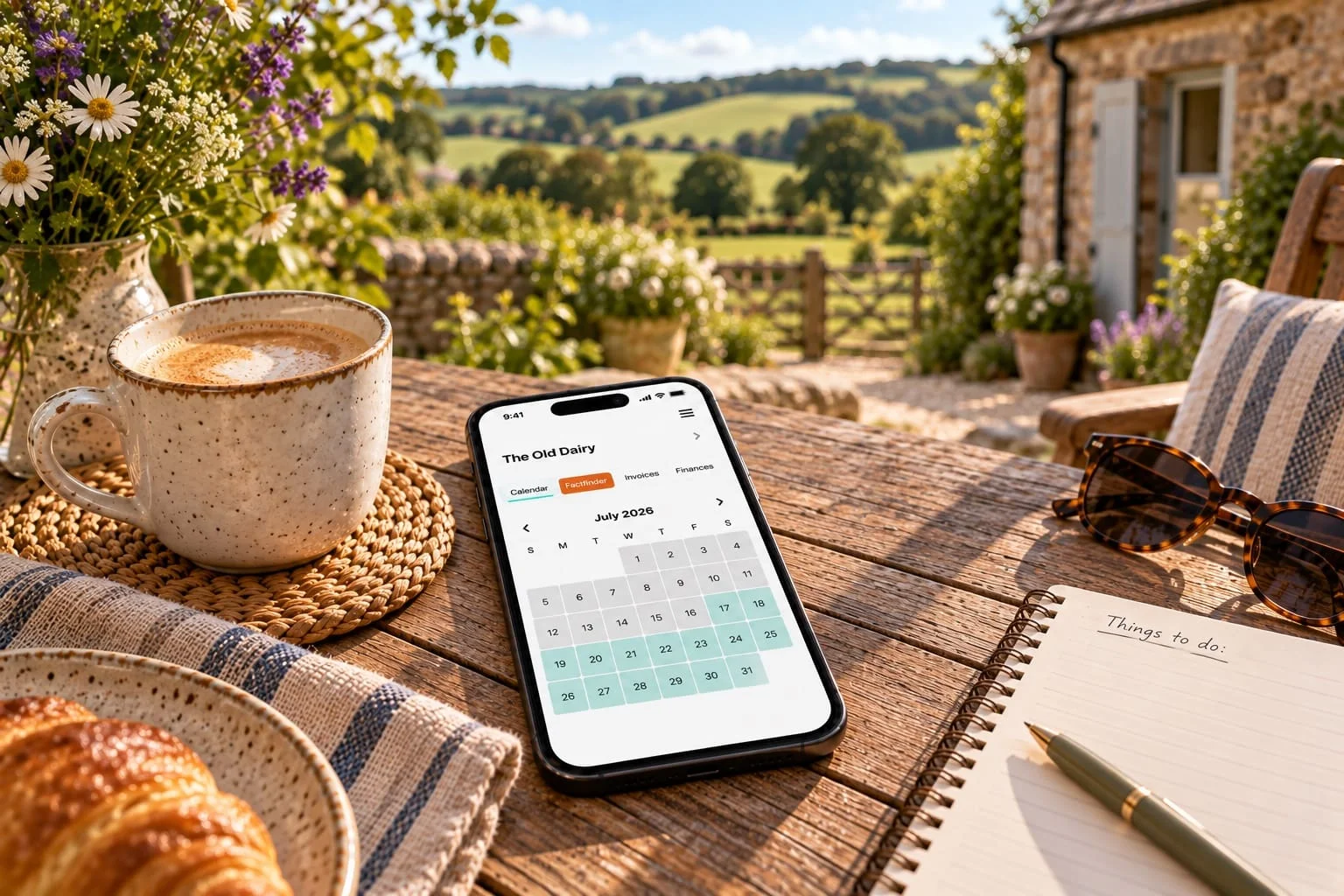 The HolidayHost Owner App open on a phone on a garden table at a countryside holiday home.