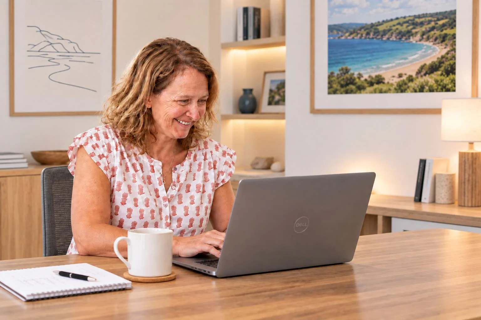 A woman working at a laptop in a bright coastal home office, reviewing holiday let pricing.